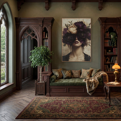 Plum Peony Veiled Portrait Surreal wall art in a moody dark academia room – surreal portrait of a woman with large