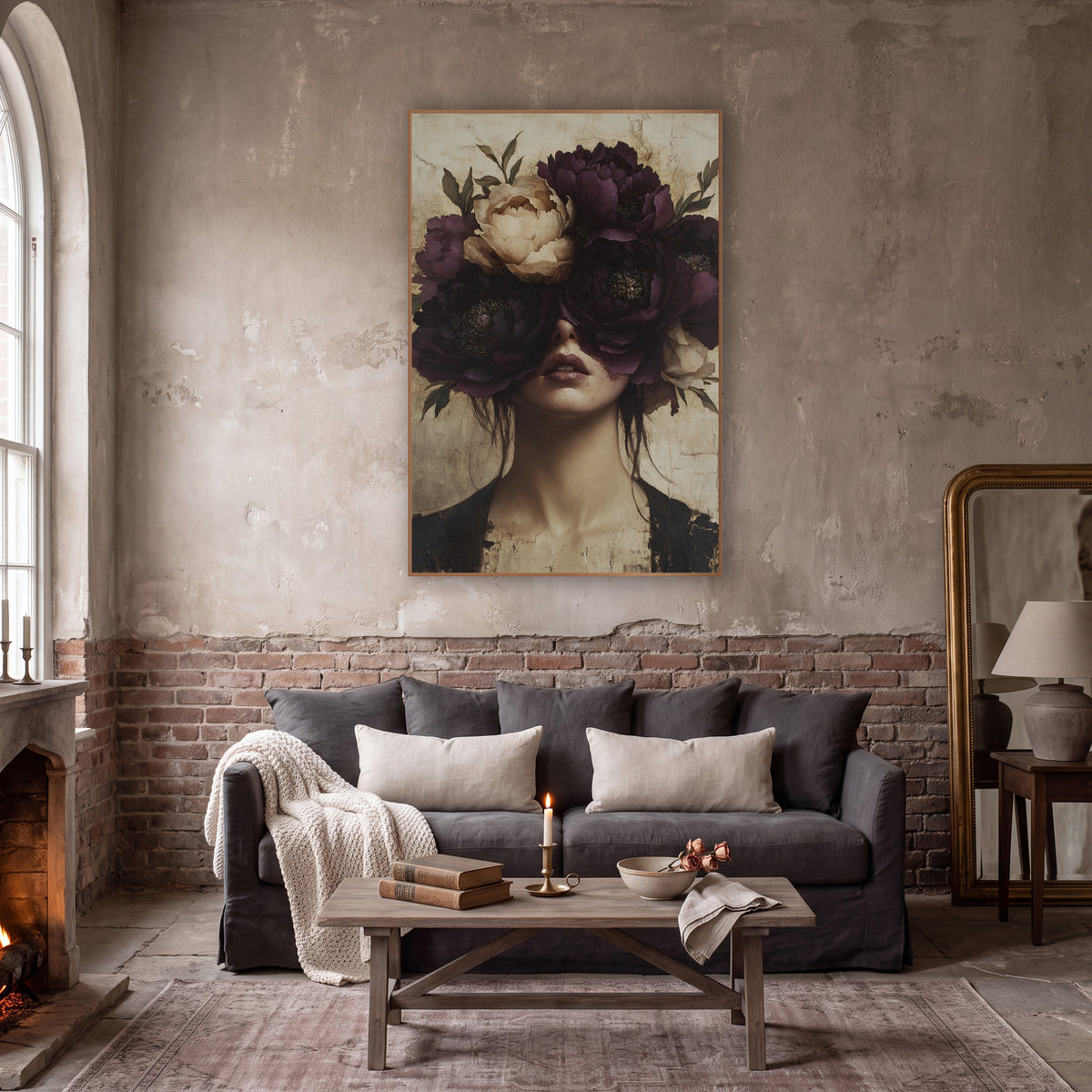 Plum Peony Veiled Portrait Surreal wall art in a moody dark academia room – surreal portrait of a woman with large