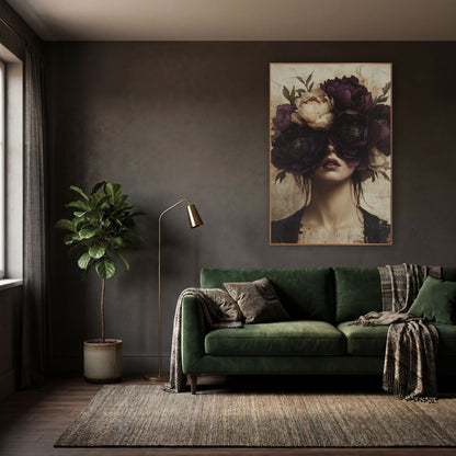 Plum Peony Veiled Portrait Surreal wall art in a moody dark academia room – surreal portrait of a woman with large