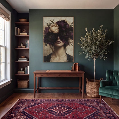 Plum Peony Veiled Portrait Surreal wall art in a moody dark academia room – surreal portrait of a woman with large