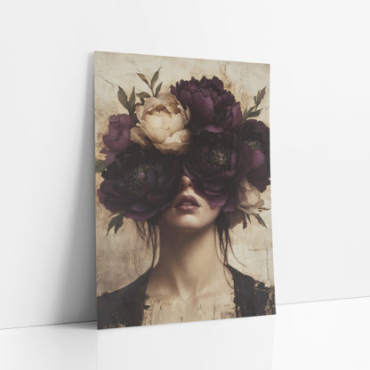 Plum Peony Veiled Portrait Surreal art print leaning against a white wall – surreal portrait of a woman with large plum