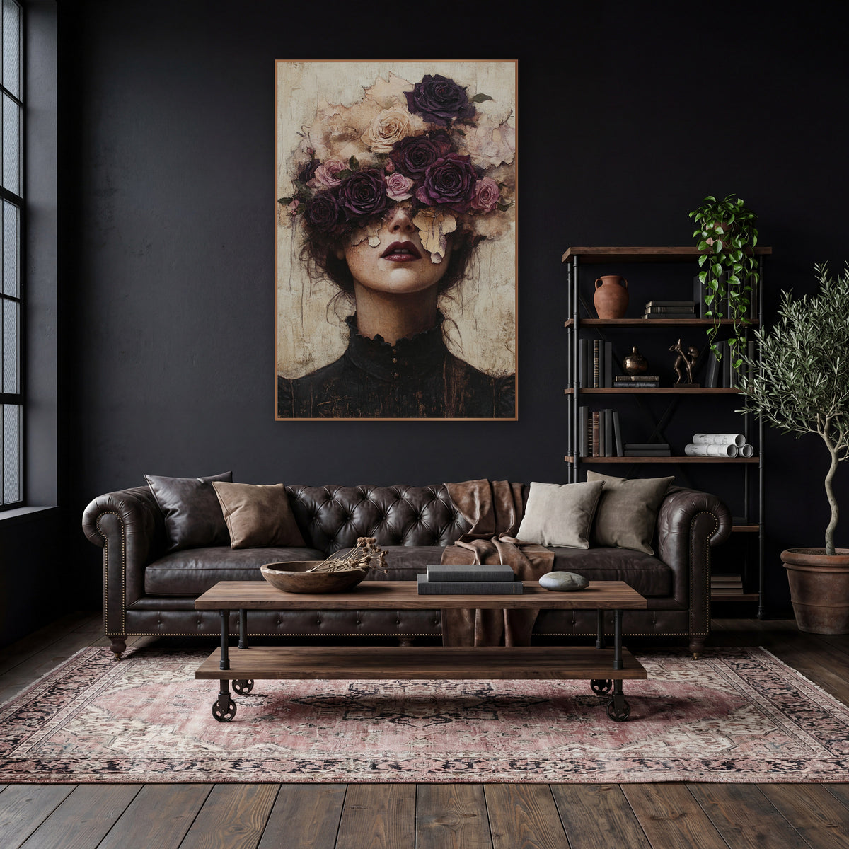 Plum Rose Crowned Woman Portrait wall art in a moody dark academia room – woman in a black high-collar dress with plum