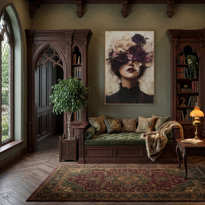 Plum Rose Crowned Woman Portrait wall art in a moody dark academia room – woman in a black high-collar dress with plum