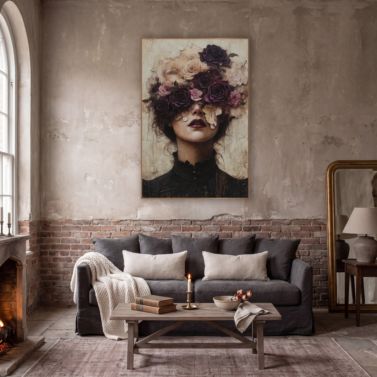 Plum Rose Crowned Woman Portrait wall art in a moody dark academia room – woman in a black high-collar dress with plum