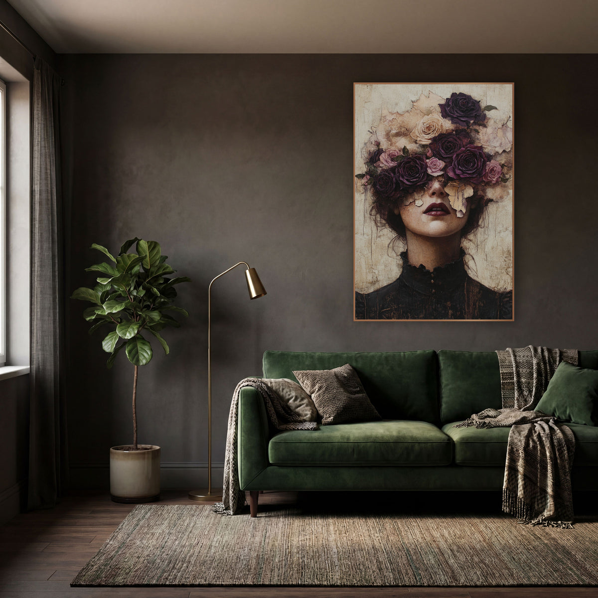 Plum Rose Crowned Woman Portrait wall art in a moody dark academia room – woman in a black high-collar dress with plum