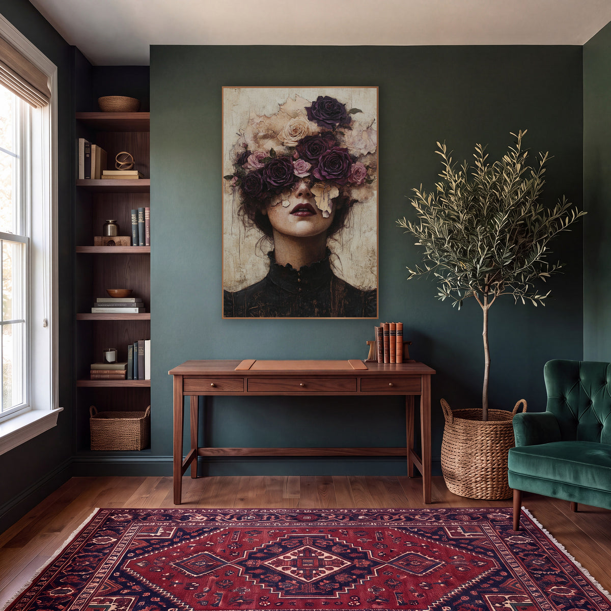 Plum Rose Crowned Woman Portrait wall art in a moody dark academia room – woman in a black high-collar dress with plum