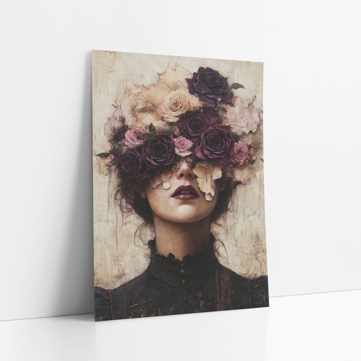 Plum Rose Crowned Woman Portrait art print leaning against a white wall – woman in a black high-collar dress with plum
