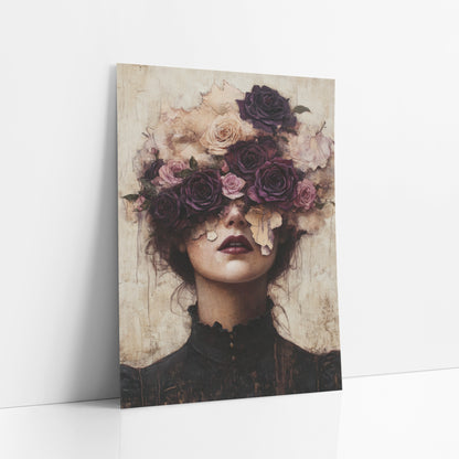 Plum Rose Crowned Woman Portrait art print leaning against a white wall – woman in a black high-collar dress with plum