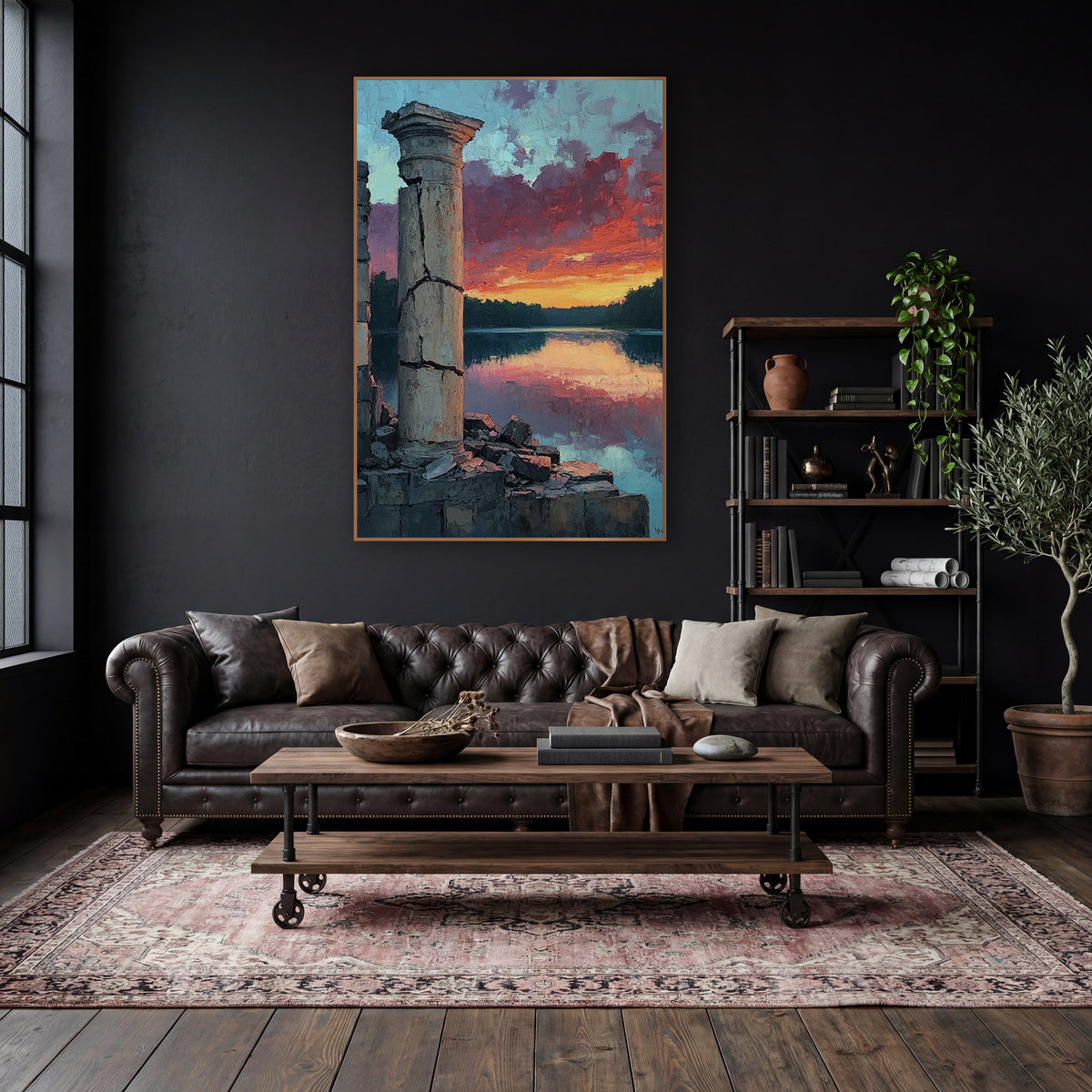 Ruined Column Lake Sunset Landscape wall art in a moody dark academia room – cracked stone column and crumbled wall