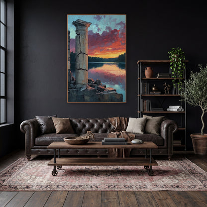 Ruined Column Lake Sunset Landscape wall art in a moody dark academia room – cracked stone column and crumbled wall