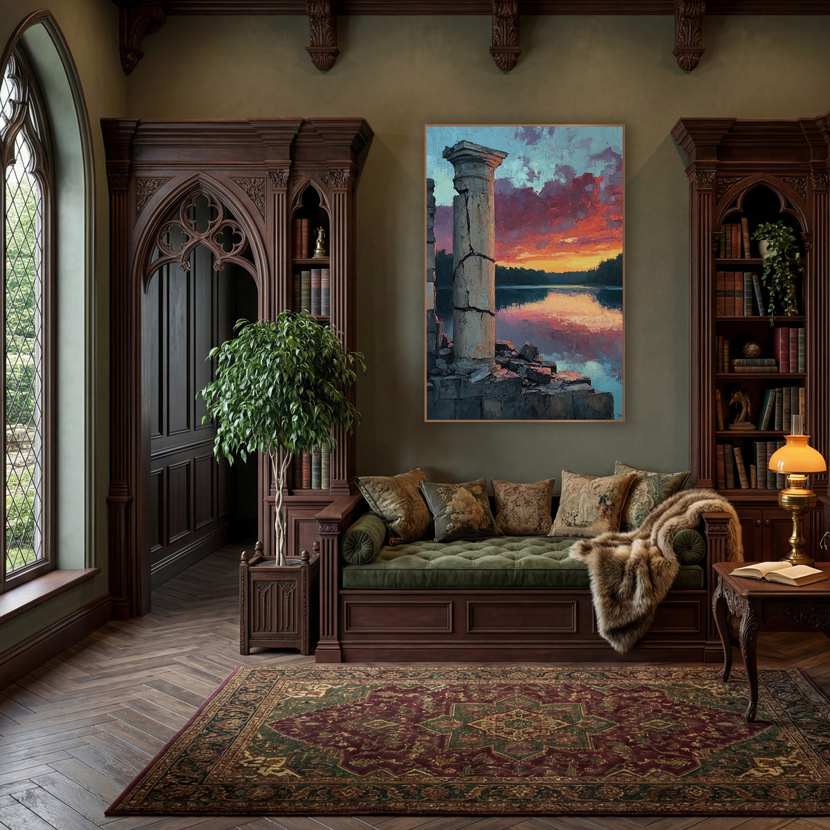 Ruined Column Lake Sunset Landscape wall art in a moody dark academia room – cracked stone column and crumbled wall