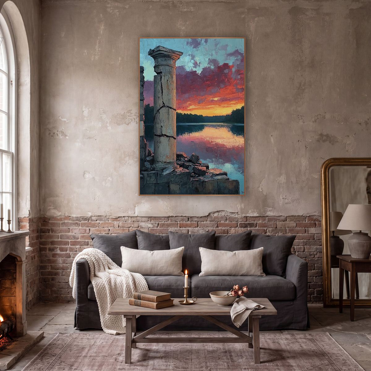 Ruined Column Lake Sunset Landscape wall art in a moody dark academia room – cracked stone column and crumbled wall