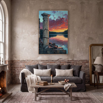 Ruined Column Lake Sunset Landscape wall art in a moody dark academia room – cracked stone column and crumbled wall