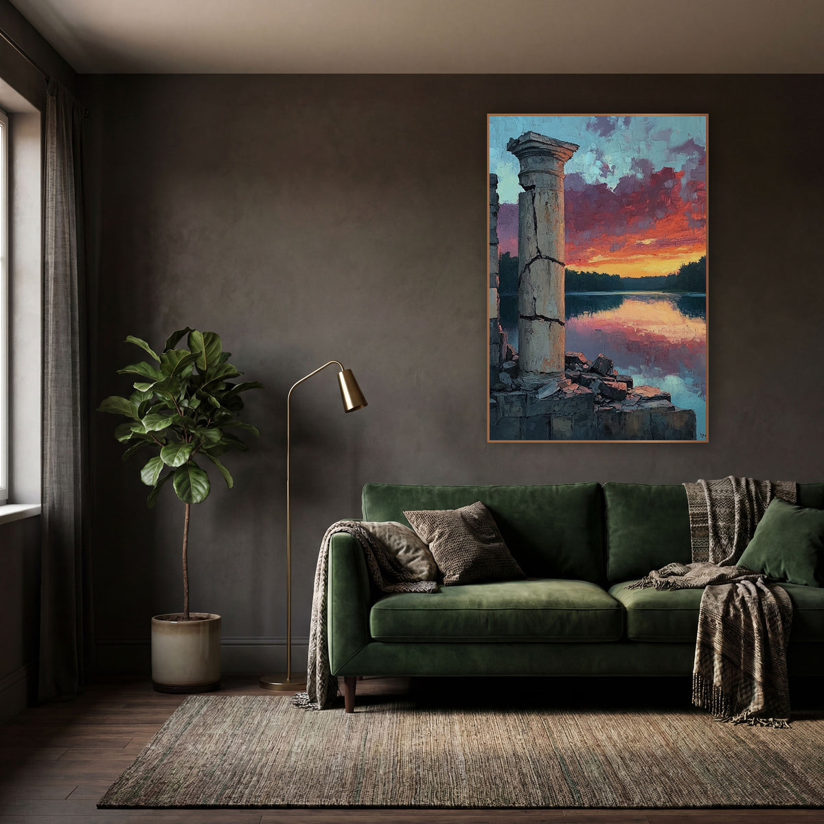 Ruined Column Lake Sunset Landscape wall art in a moody dark academia room – cracked stone column and crumbled wall