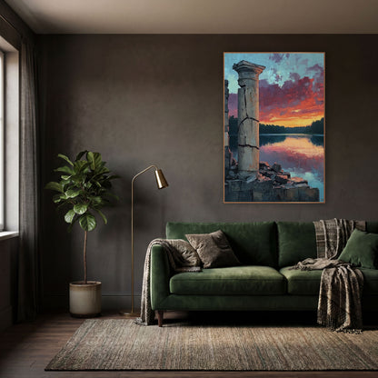 Ruined Column Lake Sunset Landscape wall art in a moody dark academia room – cracked stone column and crumbled wall