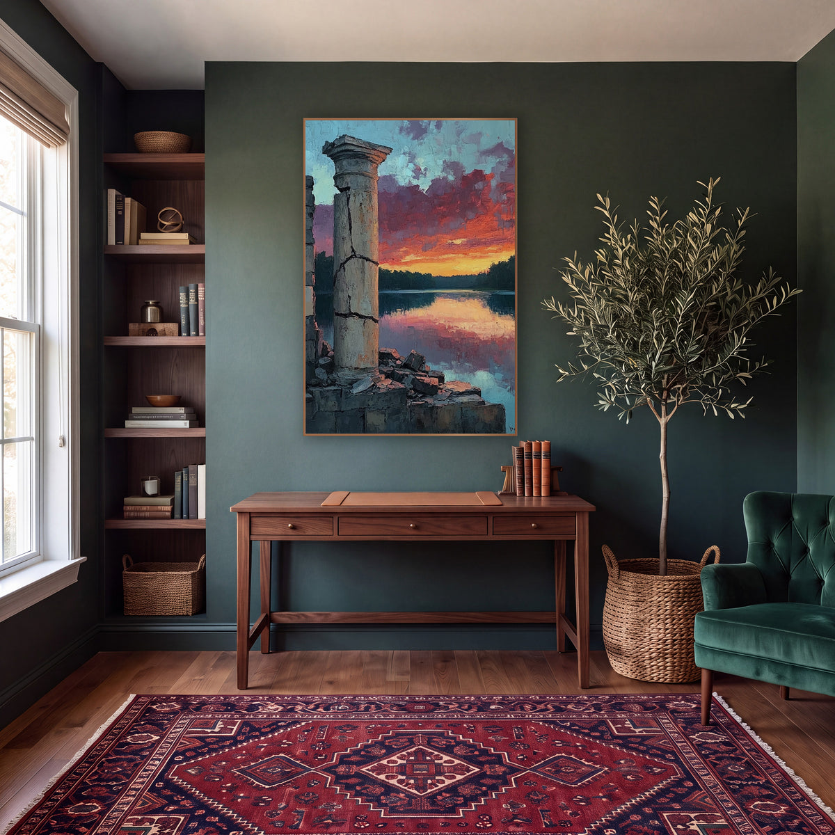 Ruined Column Lake Sunset Landscape wall art in a moody dark academia room – cracked stone column and crumbled wall