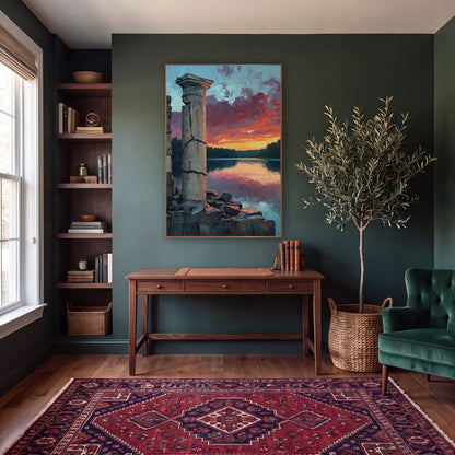 Ruined Column Lake Sunset Landscape wall art in a moody dark academia room – cracked stone column and crumbled wall