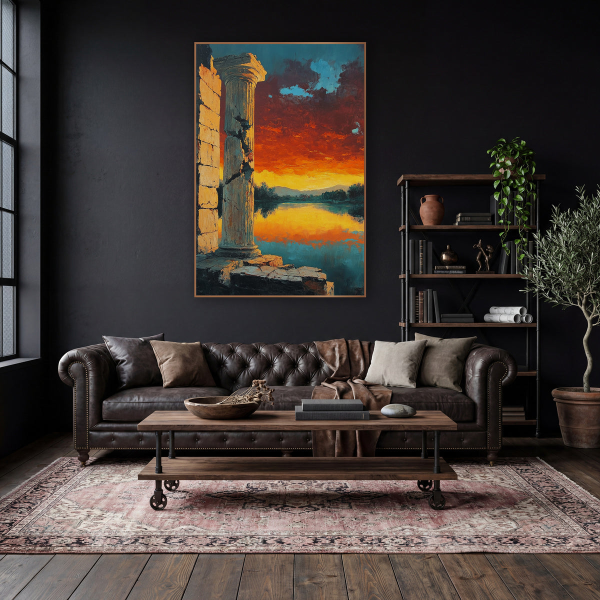 Cracked Column Fiery Sky Landscape wall art in a moody dark academia room – cracked stone column beside a calm lake