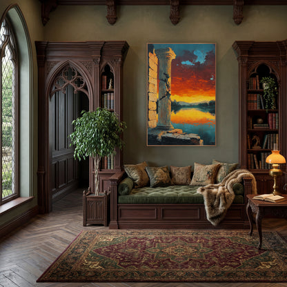 Cracked Column Fiery Sky Landscape wall art in a moody dark academia room – cracked stone column beside a calm lake
