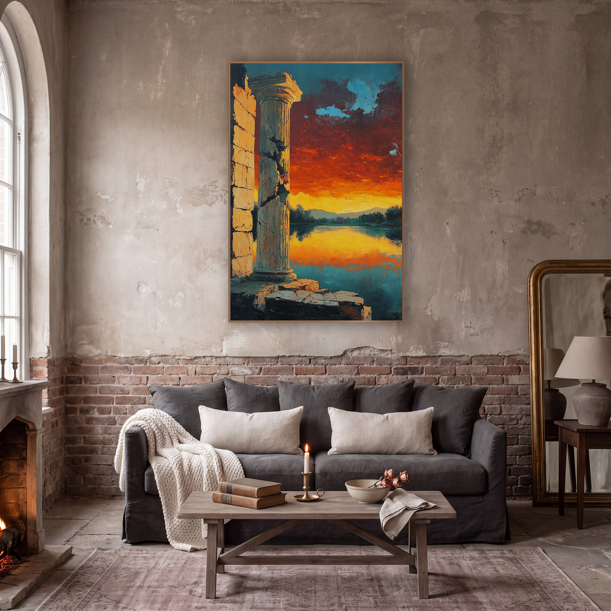 Cracked Column Fiery Sky Landscape wall art in a moody dark academia room – cracked stone column beside a calm lake