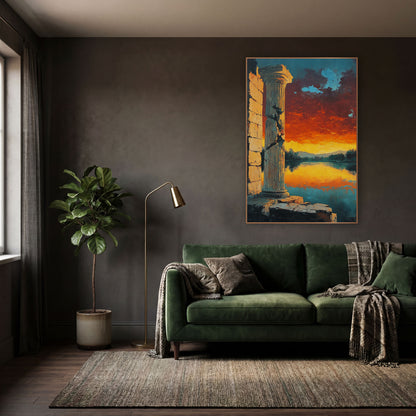 Cracked Column Fiery Sky Landscape wall art in a moody dark academia room – cracked stone column beside a calm lake