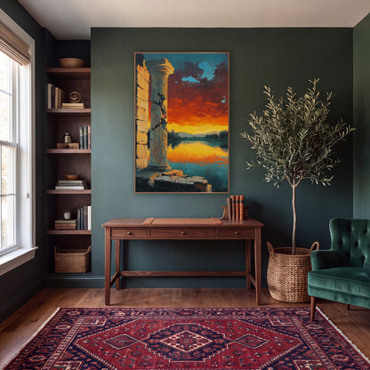 Cracked Column Fiery Sky Landscape wall art in a moody dark academia room – cracked stone column beside a calm lake