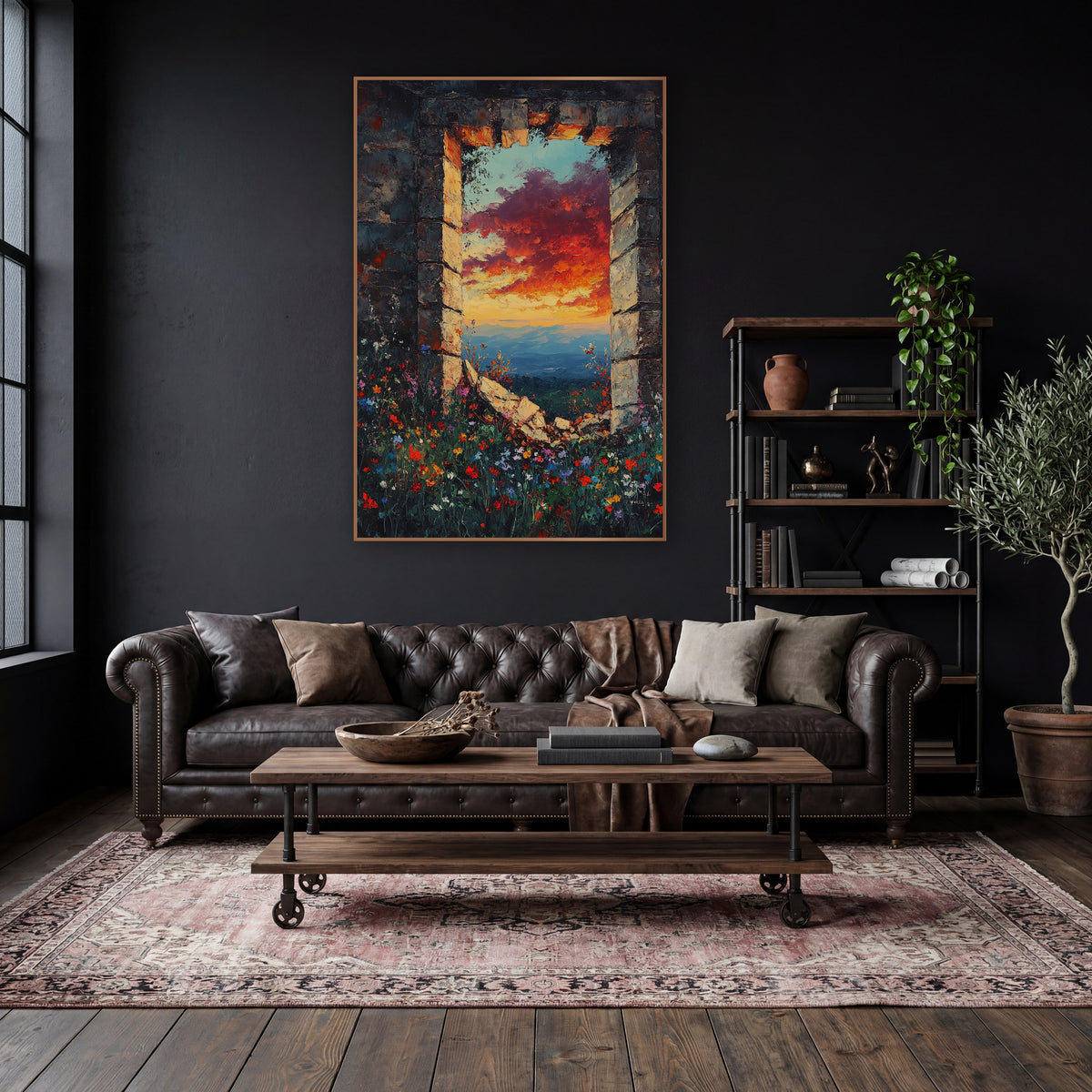 Ruined Stone Window Sunset Landscape wall art in a moody dark academia room – ruined stone window framing a red
