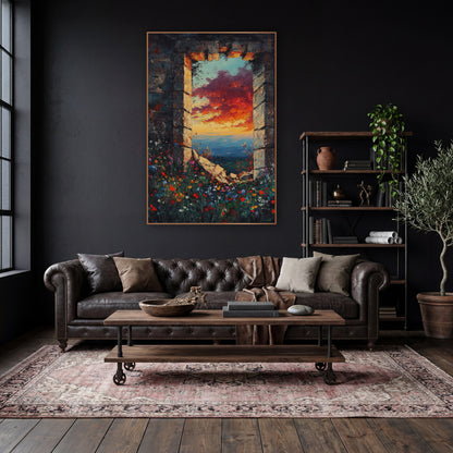 Ruined Stone Window Sunset Landscape wall art in a moody dark academia room – ruined stone window framing a red