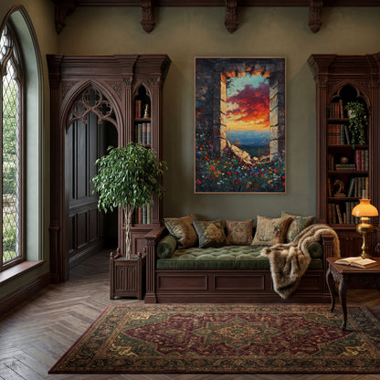 Ruined Stone Window Sunset Landscape wall art in a moody dark academia room – ruined stone window framing a red