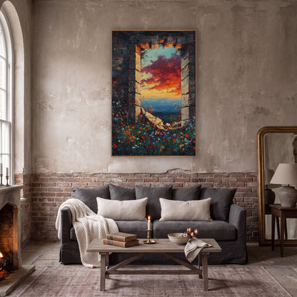 Ruined Stone Window Sunset Landscape wall art in a moody dark academia room – ruined stone window framing a red