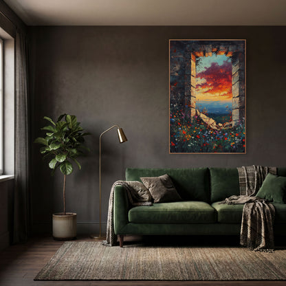 Ruined Stone Window Sunset Landscape wall art in a moody dark academia room – ruined stone window framing a red