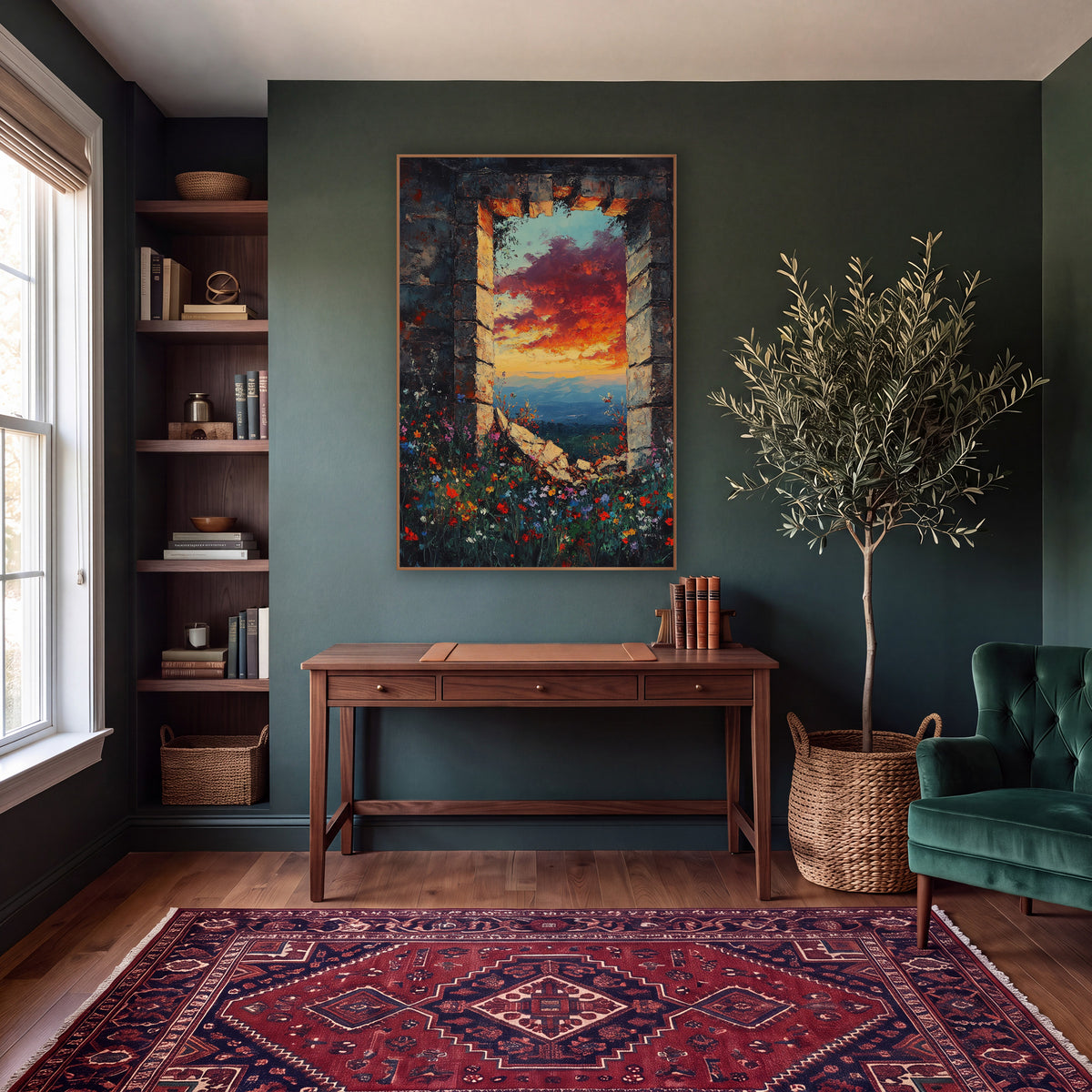 Ruined Stone Window Sunset Landscape wall art in a moody dark academia room – ruined stone window framing a red