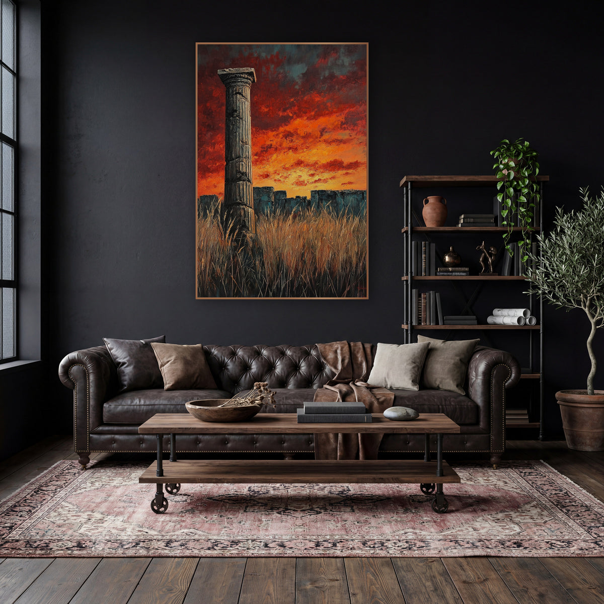 Lone Column Fiery Sky Ruins wall art in a moody dark academia room – lone fluted stone column in tall dry grass before