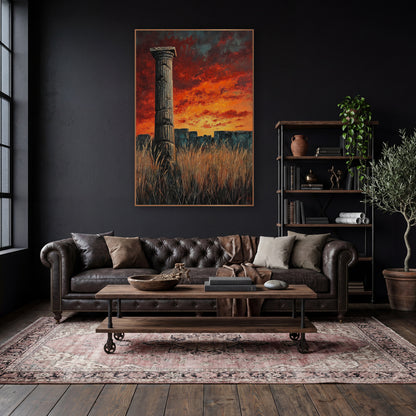 Lone Column Fiery Sky Ruins wall art in a moody dark academia room – lone fluted stone column in tall dry grass before