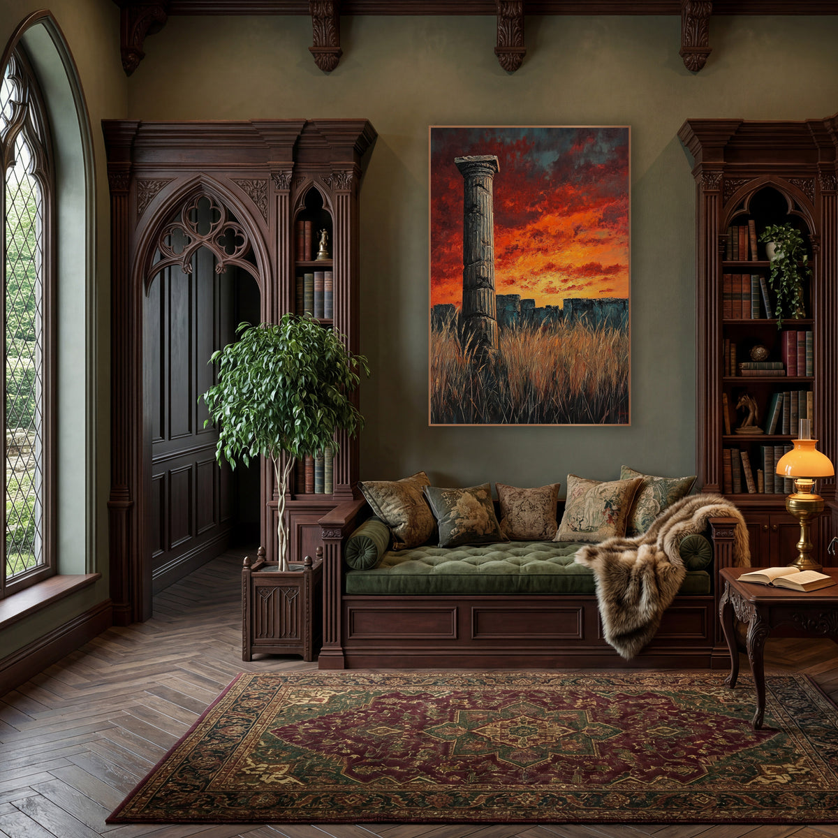 Lone Column Fiery Sky Ruins wall art in a moody dark academia room – lone fluted stone column in tall dry grass before