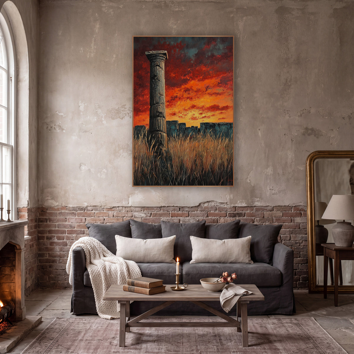 Lone Column Fiery Sky Ruins wall art in a moody dark academia room – lone fluted stone column in tall dry grass before
