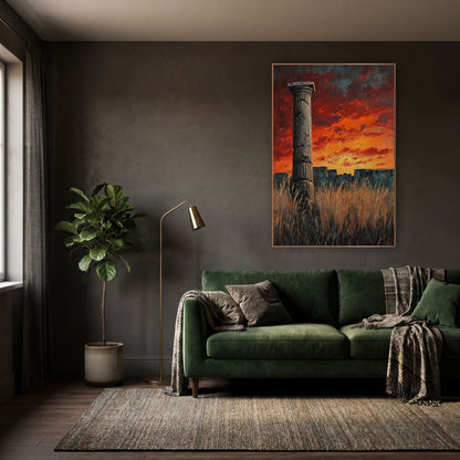 Lone Column Fiery Sky Ruins wall art in a moody dark academia room – lone fluted stone column in tall dry grass before