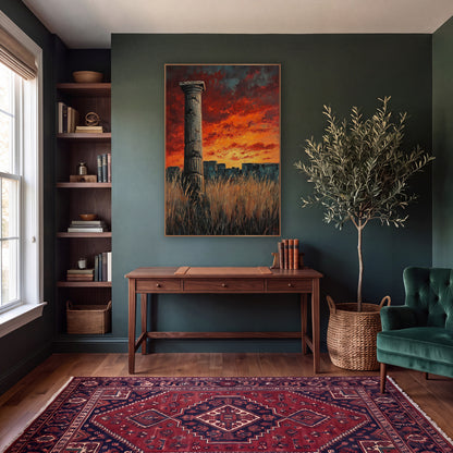Lone Column Fiery Sky Ruins wall art in a moody dark academia room – lone fluted stone column in tall dry grass before
