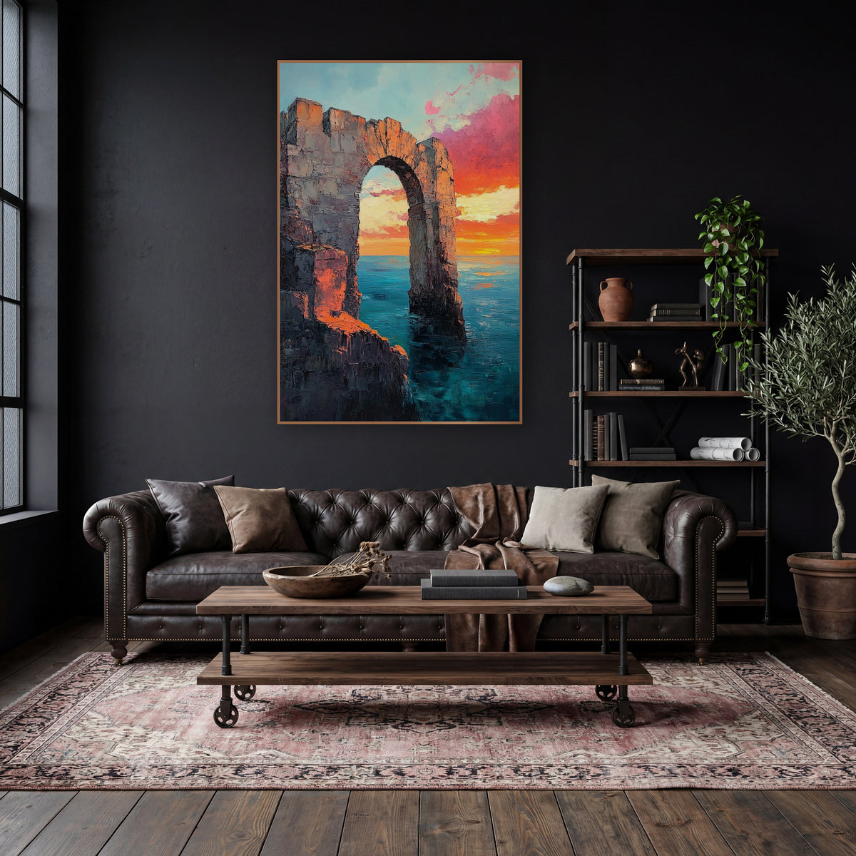Crenellated Ruin Arch Sunset Moody wall art in a moody dark academia room – ruined stone arch rising from calm teal