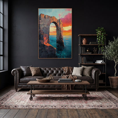 Crenellated Ruin Arch Sunset Moody wall art in a moody dark academia room – ruined stone arch rising from calm teal