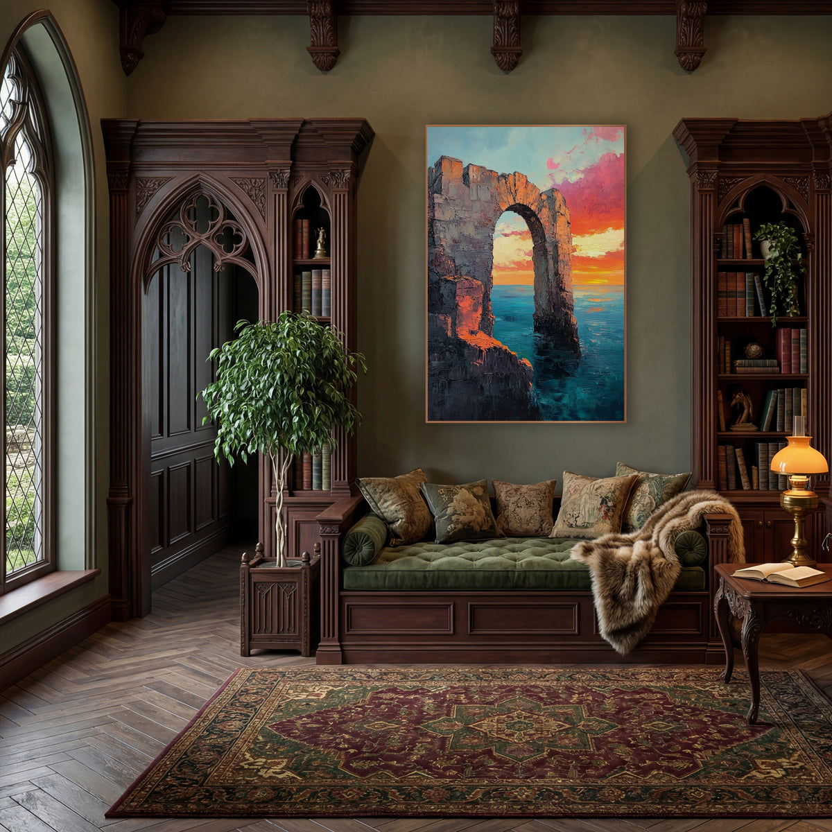 Crenellated Ruin Arch Sunset Moody wall art in a moody dark academia room – ruined stone arch rising from calm teal