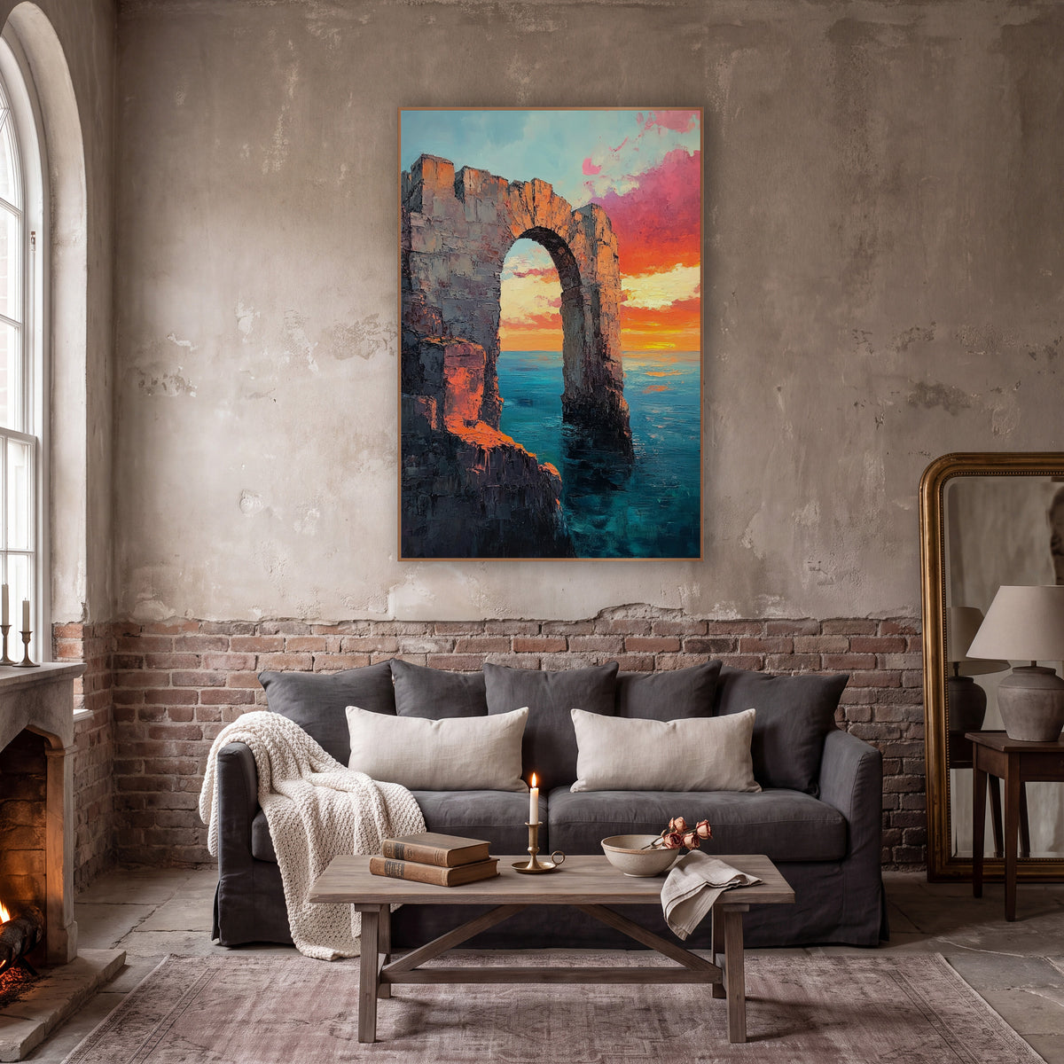 Crenellated Ruin Arch Sunset Moody wall art in a moody dark academia room – ruined stone arch rising from calm teal
