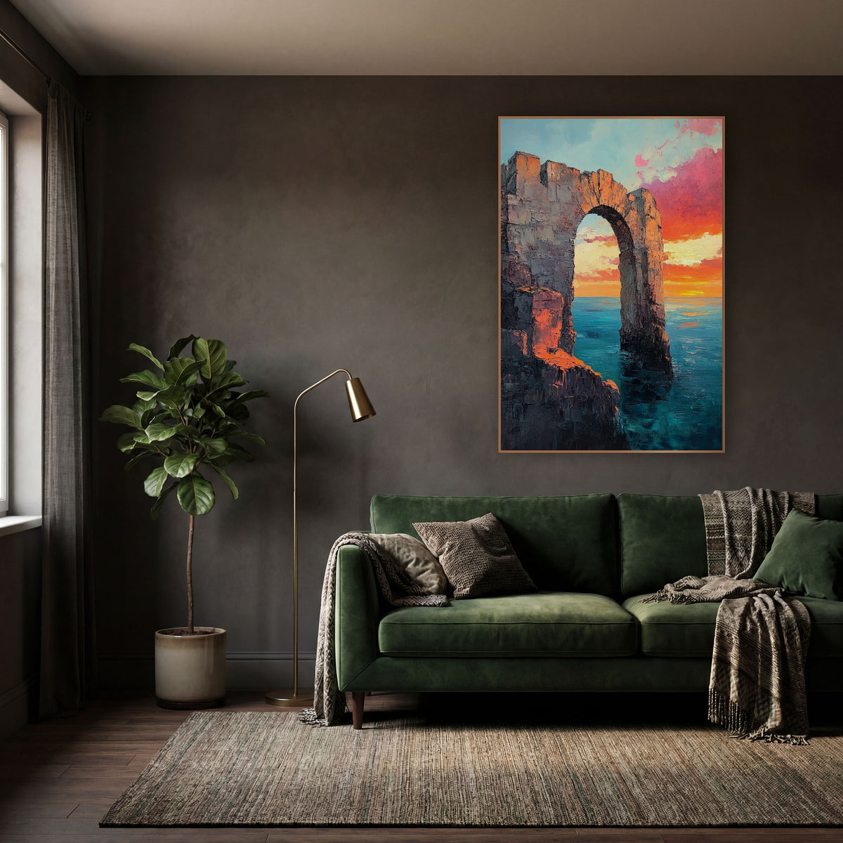 Crenellated Ruin Arch Sunset Moody wall art in a moody dark academia room – ruined stone arch rising from calm teal
