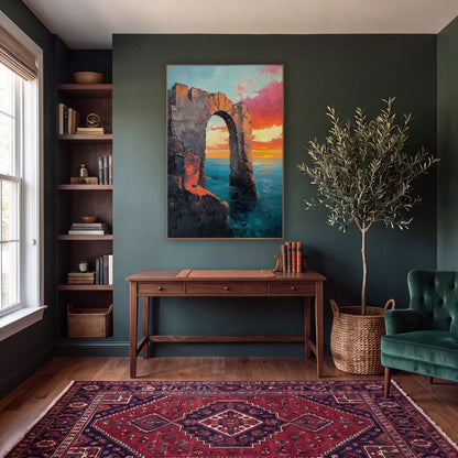 Crenellated Ruin Arch Sunset Moody wall art in a moody dark academia room – ruined stone arch rising from calm teal