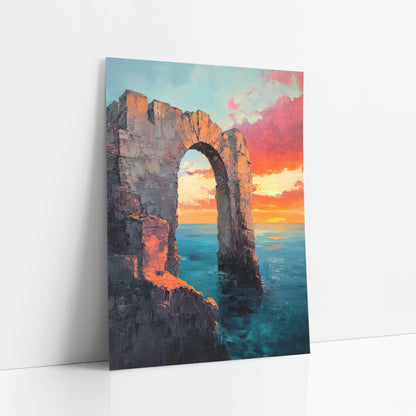Crenellated Ruin Arch Sunset Moody art print leaning against a white wall – ruined stone arch rising from calm teal sea