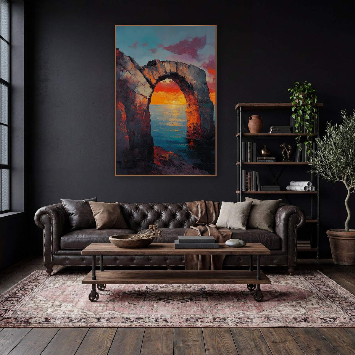 Low Stone Arch Horizon Glow Classic wall art in a moody dark academia room – ruined stone arch on a rocky shore