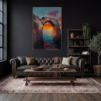 Low Stone Arch Horizon Glow Classic wall art in a moody dark academia room – ruined stone arch on a rocky shore