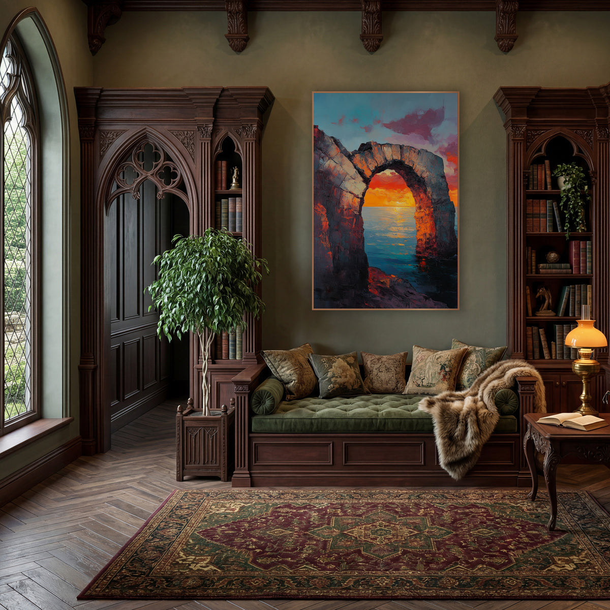 Low Stone Arch Horizon Glow Classic wall art in a moody dark academia room – ruined stone arch on a rocky shore