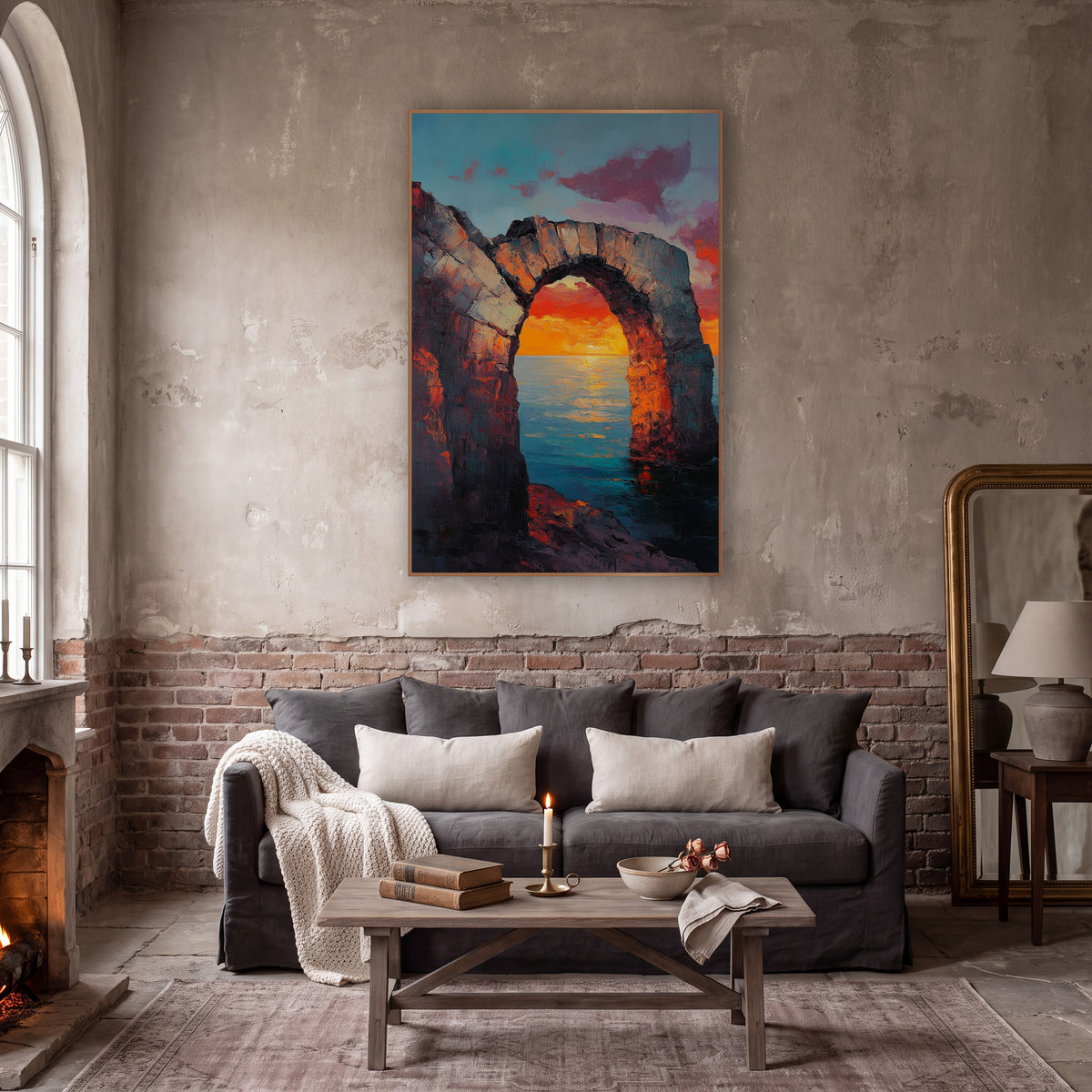 Low Stone Arch Horizon Glow Classic wall art in a moody dark academia room – ruined stone arch on a rocky shore