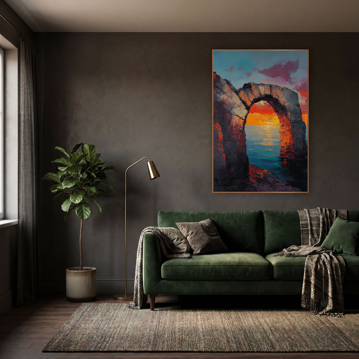 Low Stone Arch Horizon Glow Classic wall art in a moody dark academia room – ruined stone arch on a rocky shore